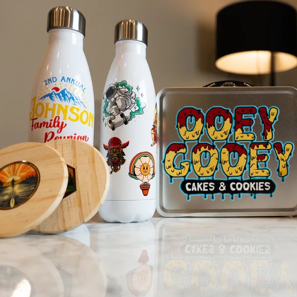 UV/DTF custom decals and stickers with ultra-detailed designs, perfect for branding and personalized printing.