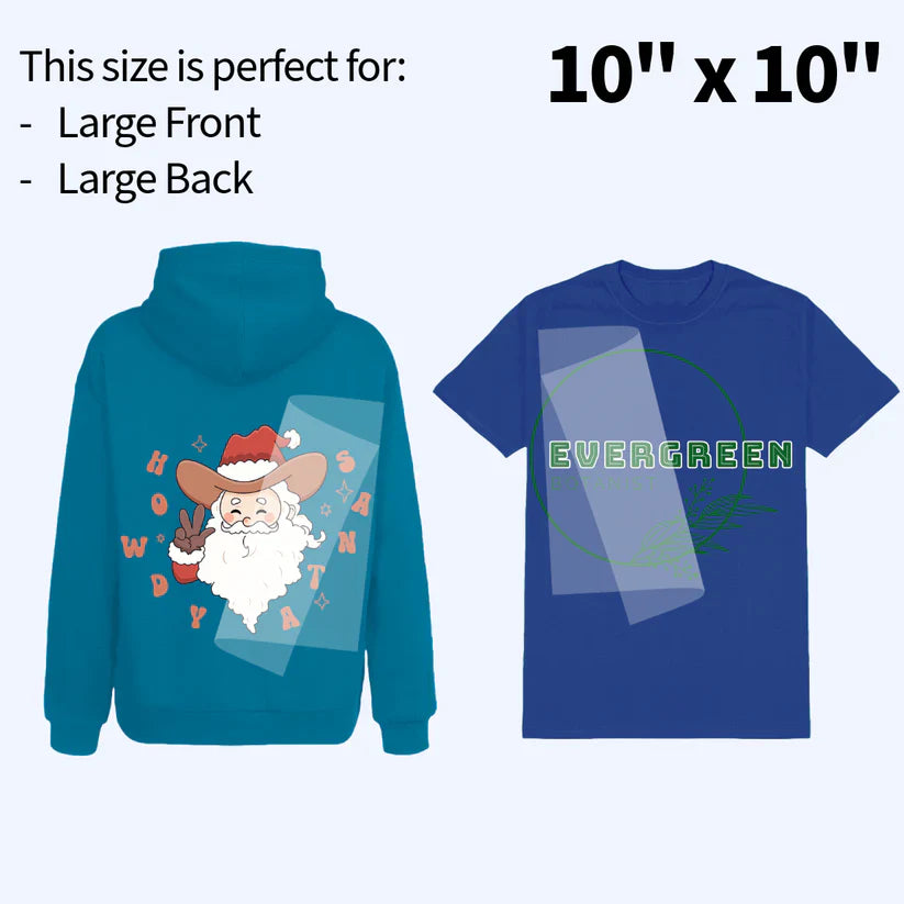  "10x10 DTF transfer - High-quality, stretchable prints for sweatshirts, tote bags, and custom apparel."