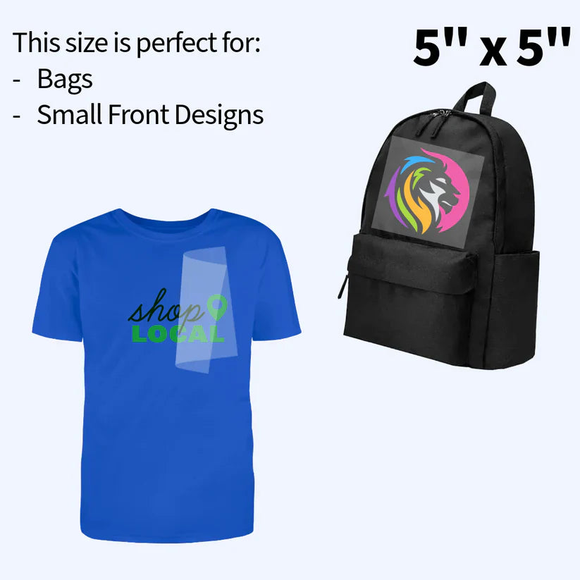  "5x5 DTF heat transfer - Great for chest prints, small graphics, and professional-grade fabric printing."