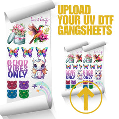 Upload your custom DTF gang sheet designs online and get premium heat transfers with vibrant colors and sharp details.